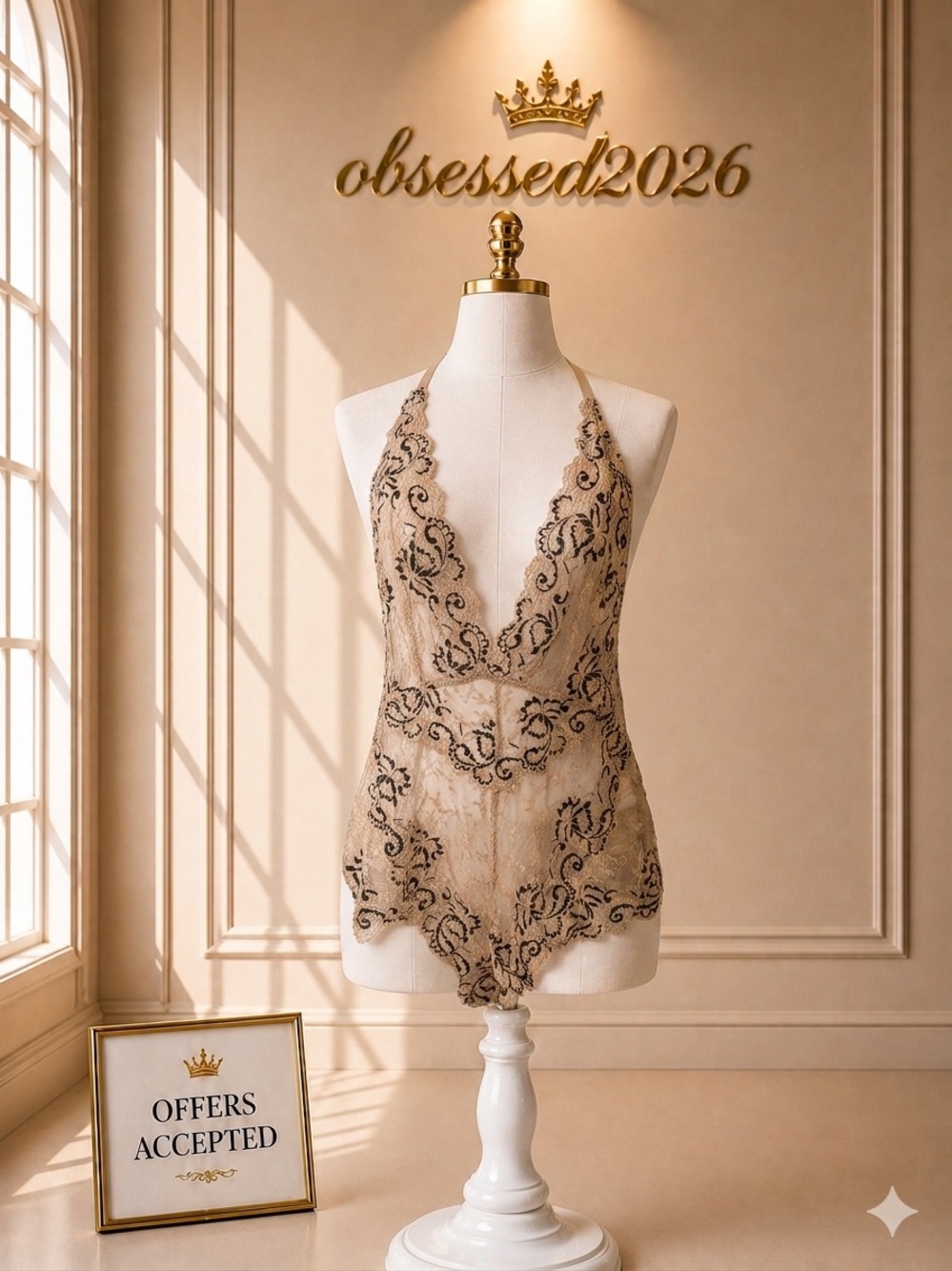 Lace Halter Bodysuit in Beige with Black Embroidery - Obsessed2026